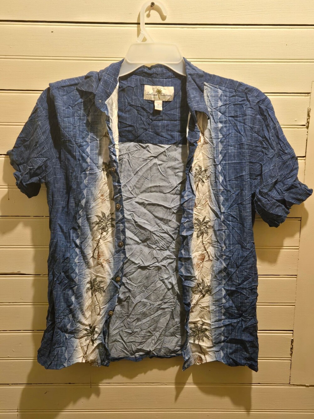 Island Shores Shirt Mens M Rayon Hawaiian Short Sleeve Palm Button Front Blue